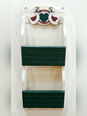 Vintage Welcome Friends  Wall Letter Holder And Jey Hooks White & Dark Green